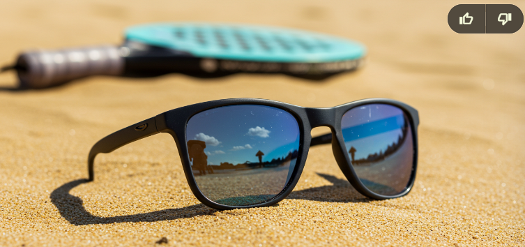 Dois jogadores de beach tennis usando óculos de sol na praia durante partida