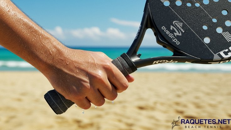 Jogador aplicando overgrip preto em raquete de beach tennis