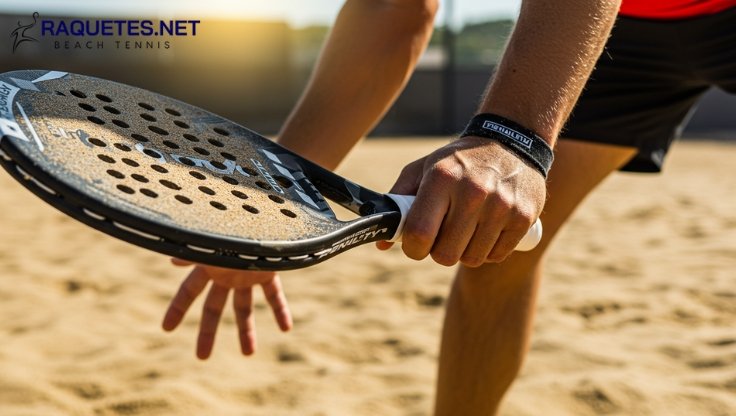 Close de uma mão segurando uma raquete de beach tennis com overgrip novo e colorido