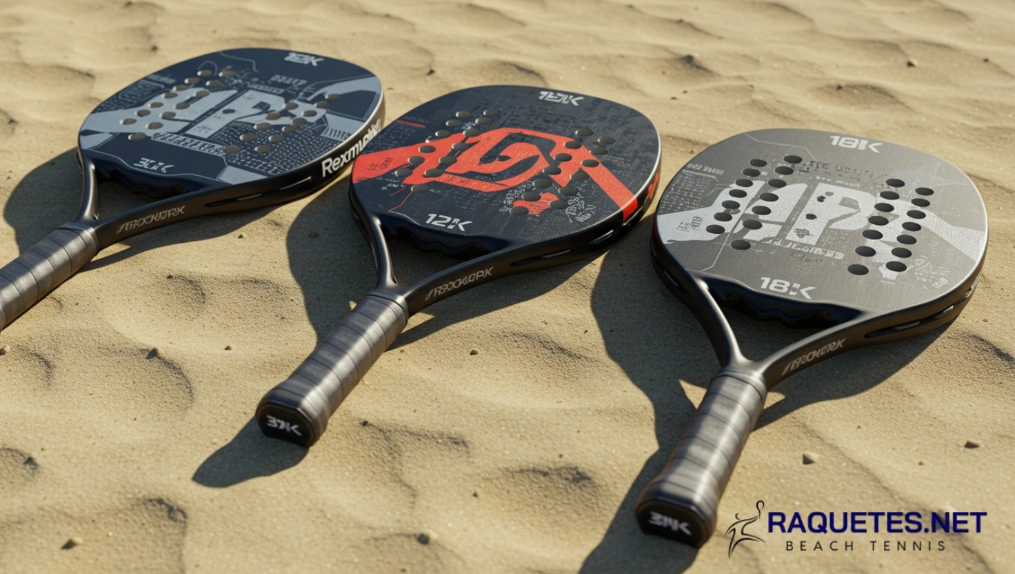 Comparativo das tramas de carbono 3K, 12K e 18K em raquetes de beach tennis na areia.