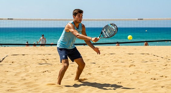 Mulher jogando beach tennis com uma raquete de beach tennis leve.