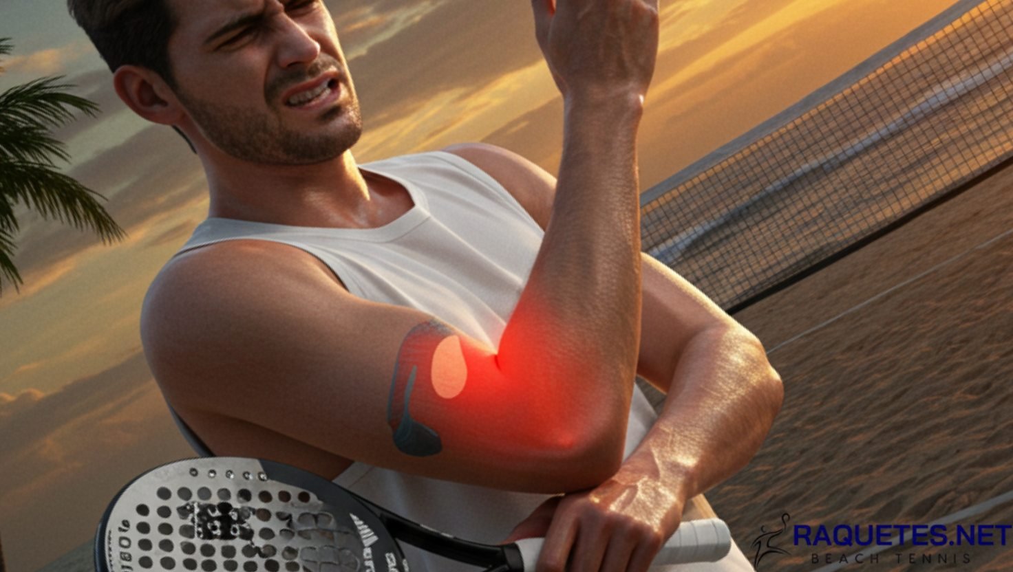 Jogador de beach tennis sentindo dor no cotovelo, sinal de epicondilite.