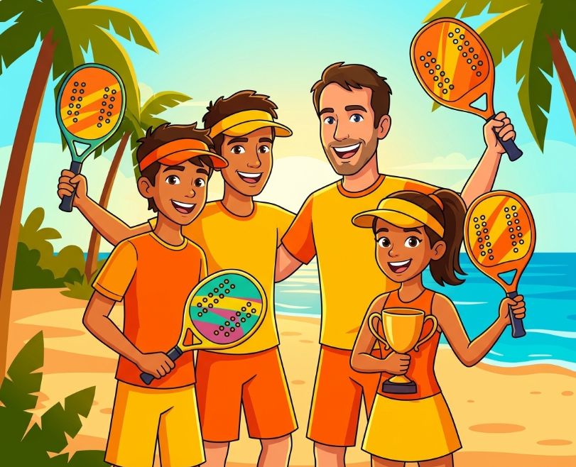 Família jogando beach tennis na praia — esporte para iniciantes de todas as idades